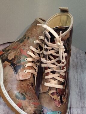 Floral Lace-Up High-Top Women's Boots in Beige Multicolor Vegan Leather